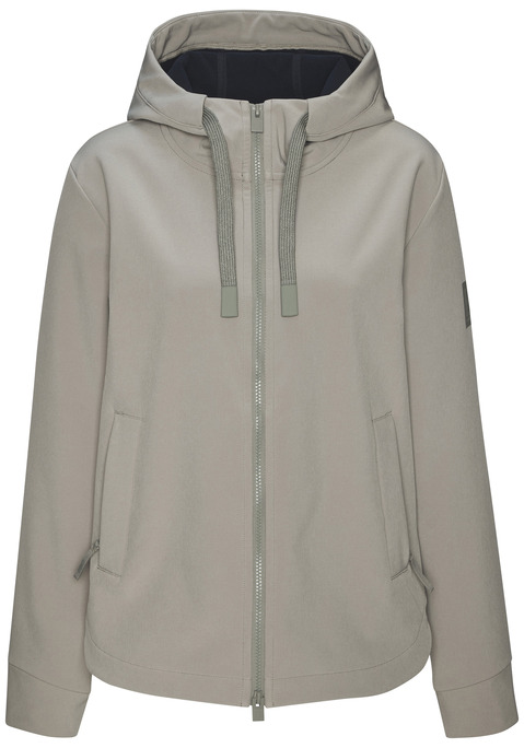 Bild: Softshelljacke von Elbsand: Wärmende Softshelljacke von Elbsand mit verstellbarer Kapuze. Seitliche Taschen mit Reißverschluss. Abgerundeter Saum. Großer Logodruck auf der Rückseite. Für kühlere, windige Tage. Wasserabweisendes und winddichtes Material.