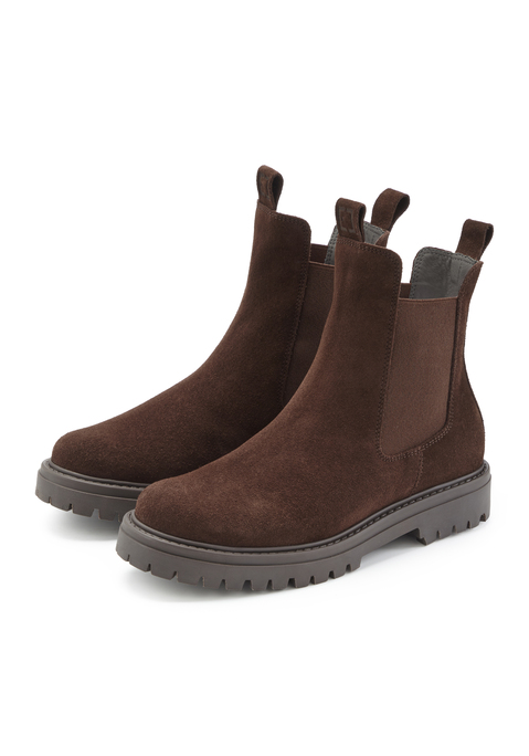 Bild: Stiefelette von Elbsand: Modische wie bequeme Stiefelette aus Veloursleder von Elbsand. Obermaterial aus Rindsleder mit elastischem Chelsea-Einsatz. Futter, Decksohle und Laufsohle aus Synthetik. Made in Spain.