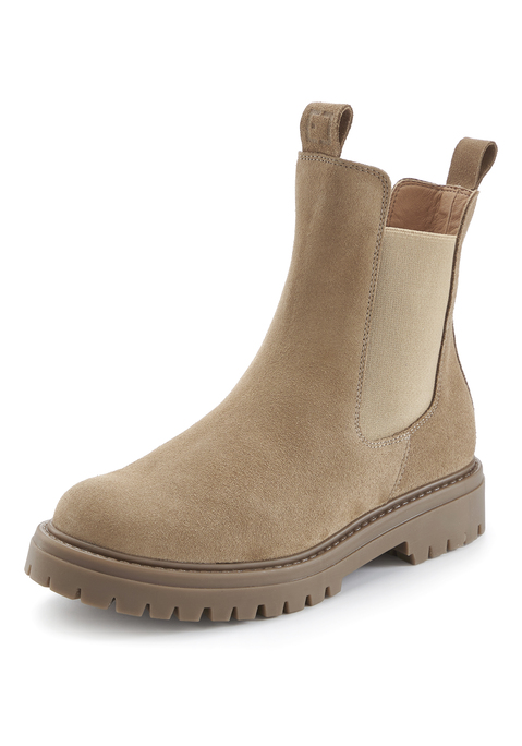 Bild: Stiefelette von Elbsand: Modische wie bequeme Stiefelette aus Veloursleder von Elbsand. Obermaterial aus Rindsleder mit elastischem Chelsea-Einsatz. Futter, Decksohle und Laufsohle aus Synthetik. Made in Spain.