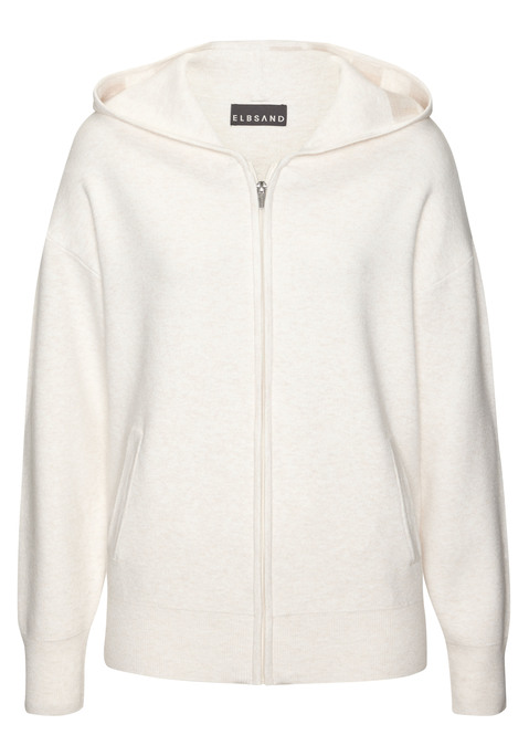 Bild: Strickjacke von Elbsand: Gemütliche Strickjacke von Elbsand mit Markenschriftzug entlang der Kapuze. Durchgehender Reißverschluss. Lange Ärmel und Saum mit Rippbündchen. Lockere Passform mit überschnittenen Schultern. Weiche Strickware mit Viskose.