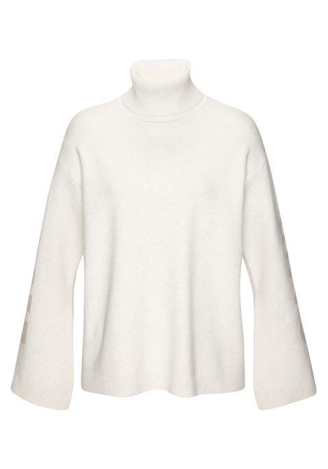 Bild: Sweater von Elbsand: Weicher Strickpullover von Elbsand. Halsnaher, hoher Rollkragen. Weite Ärmel mit überschnittenen Schulternähten. Mit eingestricktem Markenschriftzug entlang der Ärmel. Lockere Passform. Angenehm zu tragende Strickware mit hohem Viskose-Anteil.