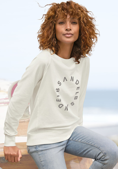 Bild: Sweatshirt von Elbsand: Klassisches Rundhals-Sweatshirt von Elbsand mit leicht glänzendem Logodruck vorn. Gerippte Bündchen und lange Raglanärmel. Leger geschnitten. Weiche Sweatware.