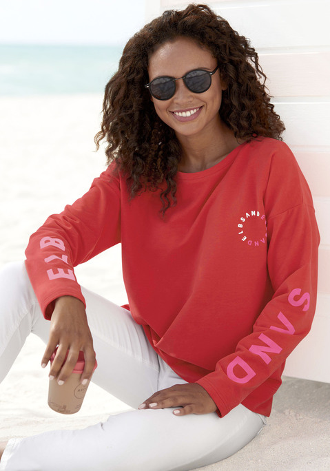 Bild: Sweatshirt von Elbsand: Cooles Sweatshirt von Elbsand. Markendruck entlang der Ärmel und runder Markendruck vorn. Weiter Rundhalsausschnitt mit Bündchen. Gerade Passform mit überschnittenen Ärmelnähten. Gut zu legeren Styles. Leichte Sweatware mit weichem Griff.