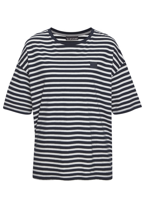 Bild: T-Shirt von Elbsand: Lässiges T-Shirt von Elbsand. Besonders schön: die Streifenoptik und der unifarbene Halsausschnitt. Mit Logobadge auf der Brust. Mit halblangen Ärmeln und überschnittener Schulter. Leichte Oversize-Form für bequemen Sitz. Hochwertige Baumwollmischung.