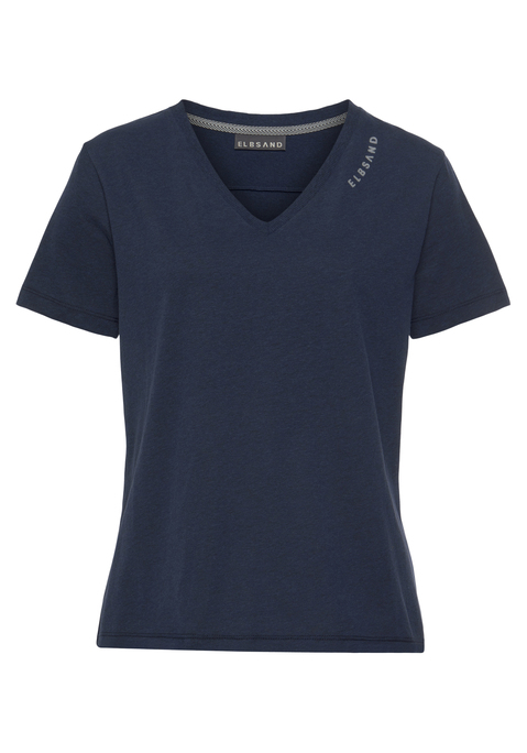 Bild: T-Shirt von Elbsand: Schönes Shirt von Elbsand. Kurzarm. Tiefer V-Ausschnitt mit Rippbündchen. Saum mit offenen Abschlüssen. Blickfang: Vorderseite mit dezentem Flockprint. Figurumspielende Passform. Für Freizeit und Sport. Weiches Material in Jerseyqualität.