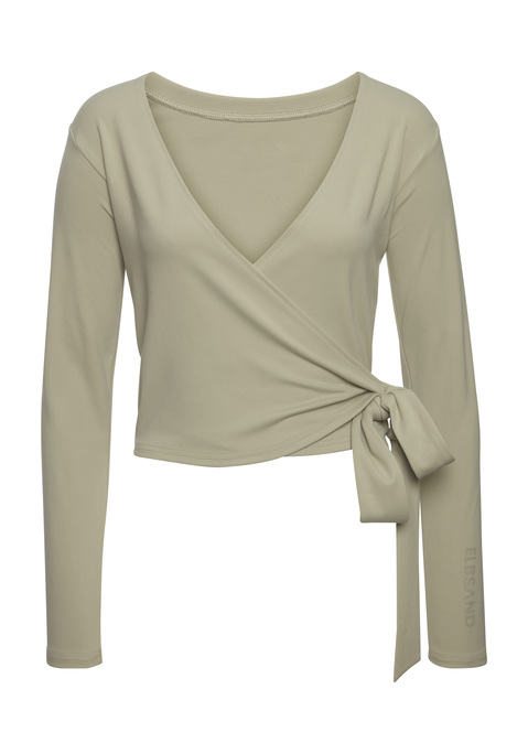 Bild: Wickelshirt von Elbsand: Wickelshirt von Elbsand mit langen Ärmeln. Mit tiefem V-Ausschnitt und Elbsand-Markenlogo auf dem linken Ärmel. Ideal für Yoga, Pilates, Fitness. Sehr weiches, elastisches Material.