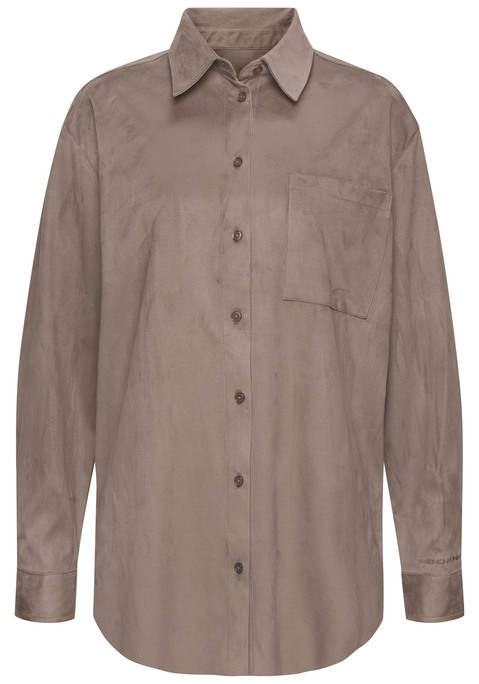 Bild: Langarmhemd von French Connection: Unifarbenes Langarmhemd von French Connection aus Velourslederimitat. Durchgeknöpft und mit aufgesetzter Brusttasche. Elastische Qualität mit weichem Griff.