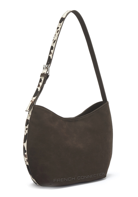 Bild: Schultertasche von French Connection: Unifarbene Schultertasche von French Connection mit verstellbarem Träger in modischer Kuh-Optik. Mehrere Innenfächer mit viel Platz für Handy & Co. Wertet jedes Outfit auf, ist vielseitig kombinierbar und perfekt für Urlaub, Freizeit und Stadtbummel. Aus Lederimitat.