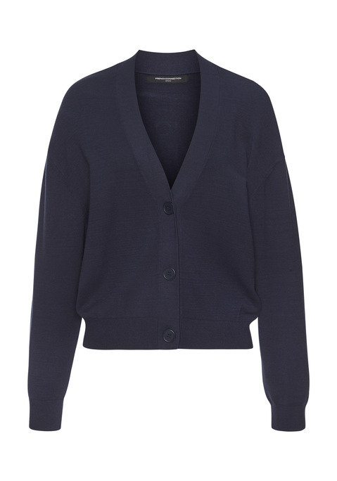 Bild: Strickjacke von French Connection: Strickcardigan von French Connection mit V-Ausschnitt, Knopfleiste, langen Ärmeln mit Rippbündchen sowie geripptem Saum. Glatt gestrickte Feinstrickqualität aus einer Viskosemischung.
