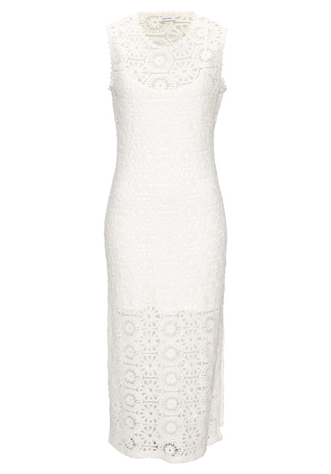 Bild: Strickkleid von French Connection: Luftig-leichtes Strickkleid von French Connection in modischer Häkeloptik. Oberkleid leicht transparent.  Unterkleid blickdicht und herausnehmbar. Rundhalsausschnitt und breite Träger. Figurbetonend geschnitten. Midilänge. Schön für den Urlaub und an heißen Tagen. Weiches Material.
