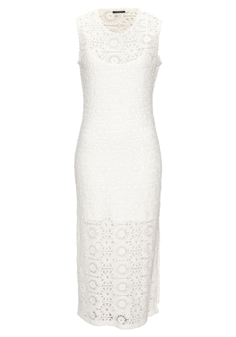 Bild: Strickkleid von French Connection: Luftig-leichtes Strickkleid von French Connection in modischer Häkeloptik. Oberkleid leicht transparent.  Unterkleid blickdicht und herausnehmbar. Rundhalsausschnitt und breite Träger. Figurbetonend geschnitten. Midilänge. Schön für den Urlaub und an heißen Tagen. Weiches Material.