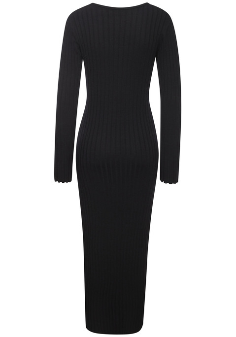 Bild: Strickkleid von French Connection: Elegantes unifarbenes Kleid von French Connection. Lange Trompetenärmel, figurbetonende Passform. Fürs Büro und besondere Anlässe. Trageangenehme Rippqualität.