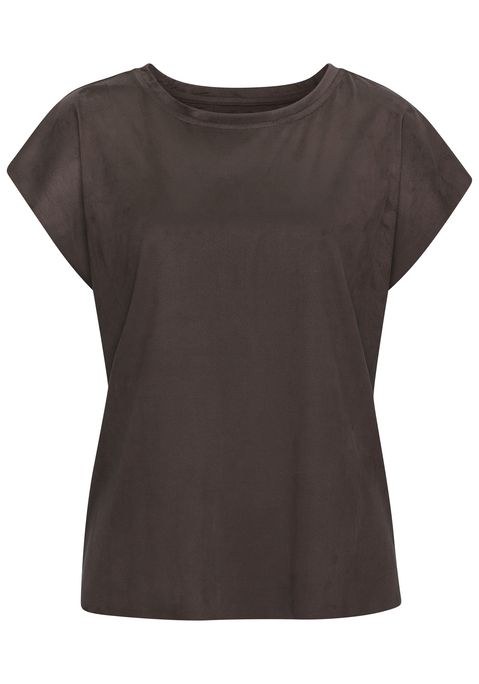 Bild: T-Shirt von French Connection: Hübsches T-Shirt von French Connection mit Rundhalsausschnitt und überschnittenen Schultern. Kleine, dezente Logostickerei. Elastisches Material in Veloursleder-Optik mit weichem Griff.