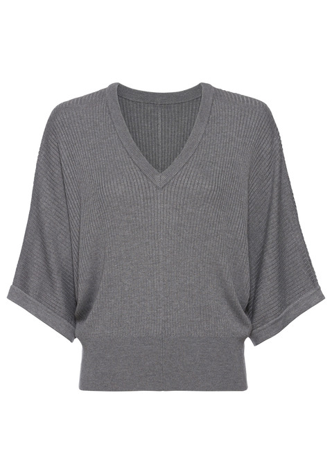 Bild: T-Shirt von French Connection: Geripptes Strickshirt von French Connection. Mit V-Ausschnitt. Weite Fledermausärmel. Elastischer Taillenbund. Weiche, fließende Qualität mit Viskose aus verbesserter Rohstoffbeschaffung.