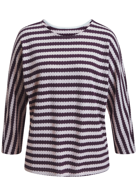 Bild: 3/4-Arm-Shirt von H.I.S: 3/4-Arm-Shirt von H.I.S im maritim anmutenden Wellenstreifen-Look. Lässige Passform mit überschnittenen Ärmel für viel Komfort. Sieht gut zu Jeans-Outfits aus. Für Freizeit, Alltag und Urlaub. Weiche Strukturqualität mit Baumwollanteil.