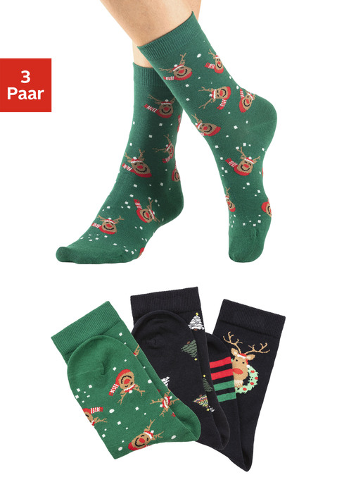 Bild: Basicsocken von H.I.S: Socken von H.I.S im 3er-Pack mit bunt gemusterten, weihnachtlichen Designs. Ideal fürs eigene Festtagsoutfit oder zum Verschenken. Aus hautfreundlicher Bio-Baumwolle.
