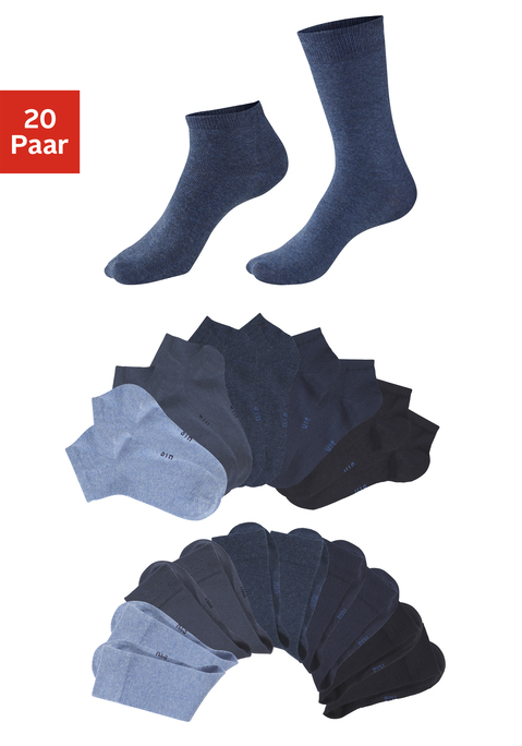 Bild: Basicsocken von H.I.S: Vielseitige Unisex-Basicsocken von H.I.S. Zwei Längen im 20er-Kombipack: normale Länge und Sneakersocken. Druckfreies Bündchen. Ideal als Freizeit- oder Businesssocke. Bequemes Material aus elastischer Baumwollmischung.