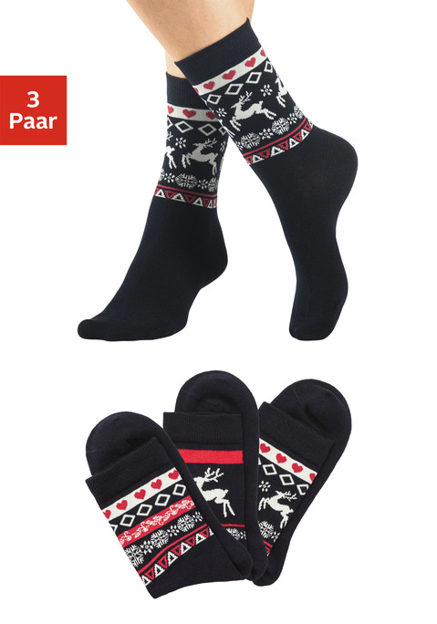 Bild: Basicsocken von H.I.S: Basic-Socken von H.I.S mit winterlichen Motiven im praktischen 3er-Pack. Ideal auch zum Verschenken. Aus weichem Baumwollmix
