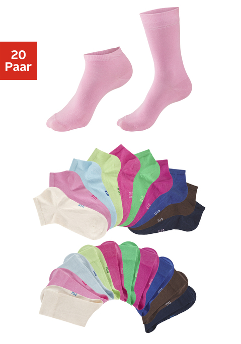 Bild: Basicsocken von H.I.S: Vielseitige Unisex-Basicsocken von H.I.S. Zwei Längen im 20er-Kombipack: normale Länge und Sneakersocken. Druckfreies Bündchen. Ideal als Freizeit- oder Businesssocke. Bequemes Material aus elastischer Baumwollmischung.