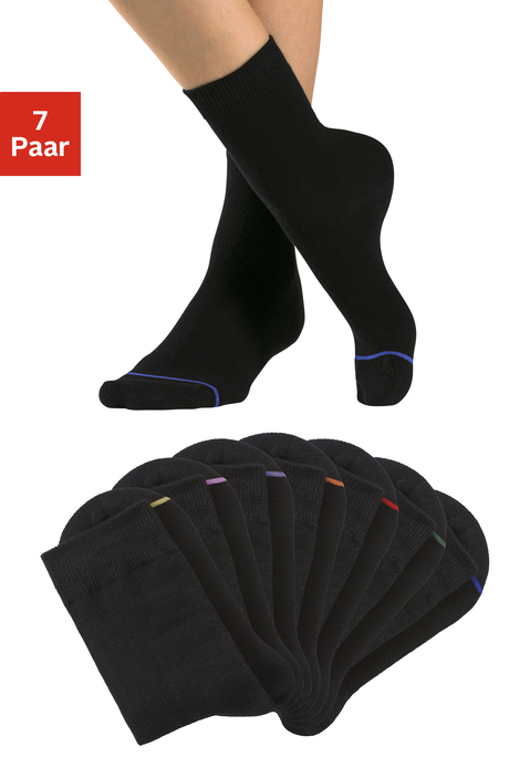 Bild: Basicsocken von H.I.S: Basic-Socken von H.I.S. im 7er-Pack mit farbigem, kleinem Kontraststreifen vorn – ideal zum Sortieren der Socken. Größe und Logo im Bündchen eingestrickt. Aus hautfreundlicher Baumwolle.