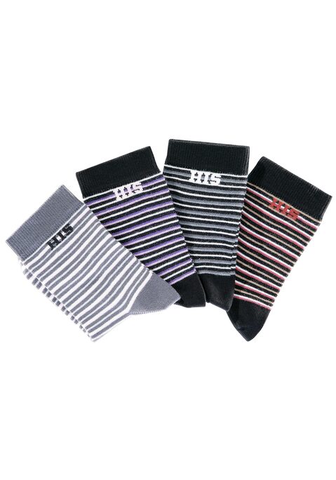 Bild: Basicsocken von H.I.S: Markensocken für Ihren modischen Auftritt! Ob geringelt oder uni sind sie das perfekte Accessoire. Die anschmiegsame Drei-Faser-Qualität garantiert optimale Passform, dauerhafte Farbbrillanz und ein gleichmäßiges Maschenbild. Der hohe Baumwollanteil macht diese Socken saugfähig, die verstärkten Belastungszonen sorgen für Langlebigkeit. Mit dem eingestrickten Markenlogo unter dem Bündchen betonen sie eine Erstklassigkeit, die einfach immer gut aussieht! Details:. Socken im 4er Pack. anschmiegsam und hautfreundlich. pflegeleichter Materialmix. geringelt oder unifarben. hautfreundlich, schadstoffgeprüft. 79% Baumwolle, 19% Polyamid, 2% Elasthan. Maschinenwäsche.