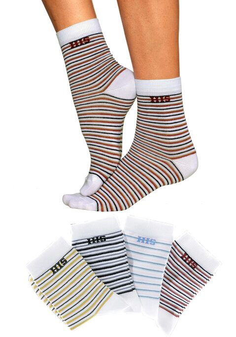 Bild: Basicsocken von H.I.S: Markensocken für Ihren modischen Auftritt! Ob geringelt oder uni sind sie das perfekte Accessoire. Die anschmiegsame Drei-Faser-Qualität garantiert optimale Passform, dauerhafte Farbbrillanz und ein gleichmäßiges Maschenbild. Der hohe Baumwollanteil macht diese Socken saugfähig, die verstärkten Belastungszonen sorgen für Langlebigkeit. Mit dem eingestrickten Markenlogo unter dem Bündchen betonen sie eine Erstklassigkeit, die einfach immer gut aussieht! Details:. Socken im 4er Pack. anschmiegsam und hautfreundlich. pflegeleichter Materialmix. geringelt oder unifarben. hautfreundlich, schadstoffgeprüft. 79% Baumwolle, 19% Polyamid, 2% Elasthan. Maschinenwäsche.