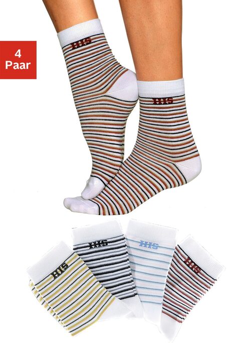 Bild: Basicsocken von H.I.S: Markensocken für Ihren modischen Auftritt! Ob geringelt oder uni sind sie das perfekte Accessoire. Die anschmiegsame Drei-Faser-Qualität garantiert optimale Passform, dauerhafte Farbbrillanz und ein gleichmäßiges Maschenbild. Der hohe Baumwollanteil macht diese Socken saugfähig, die verstärkten Belastungszonen sorgen für Langlebigkeit. Mit dem eingestrickten Markenlogo unter dem Bündchen betonen sie eine Erstklassigkeit, die einfach immer gut aussieht! Details:. Socken im 4er Pack. anschmiegsam und hautfreundlich. pflegeleichter Materialmix. geringelt oder unifarben. hautfreundlich, schadstoffgeprüft. 79% Baumwolle, 19% Polyamid, 2% Elasthan. Maschinenwäsche.