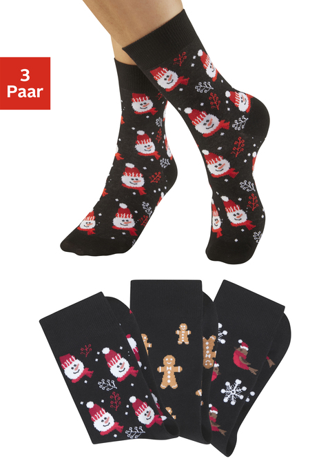 Bild: Basicsocken von H.I.S: Weihnachtssocken mit lustigen Wintermotiven im 3er-Pack von H.I.S. Weiches, druckfreies Bündchen. Angenehm weiche und hautfreundliche Baumwollmischung.