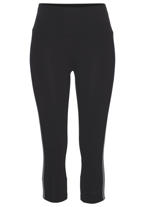 Bild: Caprileggings von H.I.S: Eng anliegende Performance-Caprileggings von H.I.S mit breitem, bequemem Bund. Markantes Detail: das Streifen-Tape entlang der Hosenbeine. Optimal für Sport und Fitness, aber auch als Homewear oder Basic tragbar. Single-Jersey aus elastischer Baumwolle.