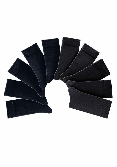 Bild: Freizeitsocken von H.I.S: Die Unisex-Socken im 10-er Pack überzeugen durch ihre frischen, modischen Farben. Die verstärkte Ferse und Spitze garantieren zudem Langlebigkeit. Obermaterial: 76% Baumwolle (Bio-Baumwolle), 23% Polyamid, 1% Elasthan