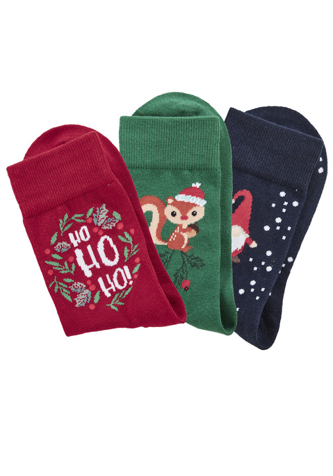 Bild: Freizeitsocken von H.I.S: <h3>Im 3er-Pack: Weihnachtssocken mit lustigen Motiven</h3>
<p>
Die festlichen Weihnachtssocken von <strong>H.I.S</strong> bestechen durch ihre witzigen Motive. Diese Socken sind nicht nur ein echter Blickfang, sondern bieten auch ein angenehmes Tragegefühl. Der weiche Gummibund sorgt dafür, dass die Socken bequem sitzen, ohne einzuengen. Ein weiteres Highlight ist die verstärkte Ferse und Spitze, die für eine erhöhte Langlebigkeit sorgen und somit ideal für die winterliche Zeit sind.
</p>

<h4>Vielseitige Details und Pflegehinweise</h4>
<p>
Diese Freizeitsocken überzeugen mit einer elastischen Passform, die sich sanft an die Füße anschmiegt. Hergestellt aus einer hochwertigen Baumwollmischung, sind sie angenehm weich und atmungsaktiv. Die Socken sind maschinenwaschbar, was die Pflege zum Kinderspiel macht. 
</p>

<h4>Outfit-Tipps und Anlässe für die Weihnachtssocken</h4>
<p>
Die Socken lassen sich hervorragend mit lässigen Outfits kombinieren. Ideal für die gemütlichen Tage zu Hause, beim Weihnachtsmarkt oder sogar für festliche Anlässe. Sie passen perfekt zu bequemen Hausschuhen oder Sneakers und können mit einem warmen Pullover sowie einer kuscheligen Jogginghose ergänzt werden. Auch beim Weihnachtsbrunch sind diese Socken ein echtes Highlight, das für gute Laune sorgt.
</p>

<p>
Mit den festlichen Weihnachtssocken von <strong>H.I.S</strong> wird jede Winterzeit zu einem fröhlichen Erlebnis.
</p>