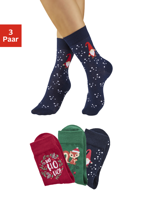 Bild: Freizeitsocken von H.I.S: <h3>Im 3er-Pack: Weihnachtssocken mit lustigen Motiven</h3>
<p>
Die festlichen Weihnachtssocken von <strong>H.I.S</strong> bestechen durch ihre witzigen Motive. Diese Socken sind nicht nur ein echter Blickfang, sondern bieten auch ein angenehmes Tragegefühl. Der weiche Gummibund sorgt dafür, dass die Socken bequem sitzen, ohne einzuengen. Ein weiteres Highlight ist die verstärkte Ferse und Spitze, die für eine erhöhte Langlebigkeit sorgen und somit ideal für die winterliche Zeit sind.
</p>

<h4>Vielseitige Details und Pflegehinweise</h4>
<p>
Diese Freizeitsocken überzeugen mit einer elastischen Passform, die sich sanft an die Füße anschmiegt. Hergestellt aus einer hochwertigen Baumwollmischung, sind sie angenehm weich und atmungsaktiv. Die Socken sind maschinenwaschbar, was die Pflege zum Kinderspiel macht. 
</p>

<h4>Outfit-Tipps und Anlässe für die Weihnachtssocken</h4>
<p>
Die Socken lassen sich hervorragend mit lässigen Outfits kombinieren. Ideal für die gemütlichen Tage zu Hause, beim Weihnachtsmarkt oder sogar für festliche Anlässe. Sie passen perfekt zu bequemen Hausschuhen oder Sneakers und können mit einem warmen Pullover sowie einer kuscheligen Jogginghose ergänzt werden. Auch beim Weihnachtsbrunch sind diese Socken ein echtes Highlight, das für gute Laune sorgt.
</p>

<p>
Mit den festlichen Weihnachtssocken von <strong>H.I.S</strong> wird jede Winterzeit zu einem fröhlichen Erlebnis.
</p>