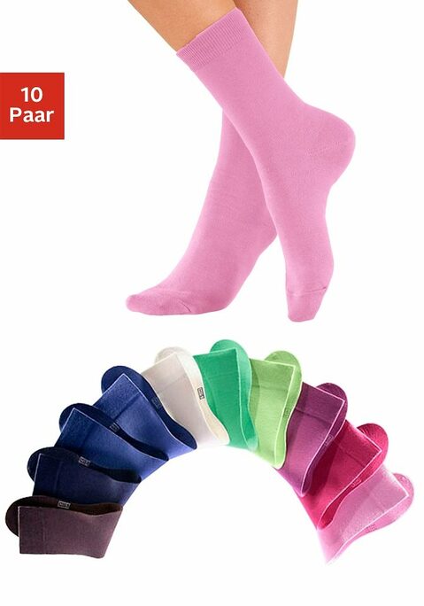 Bild: Freizeitsocken von H.I.S: Die Unisex-Socken im 10-er Pack überzeugen durch ihre frischen, modischen Farben. Die verstärkte Ferse und Spitze garantieren zudem Langlebigkeit. Obermaterial: 76% Baumwolle (Bio-Baumwolle), 23% Polyamid, 1% Elasthan