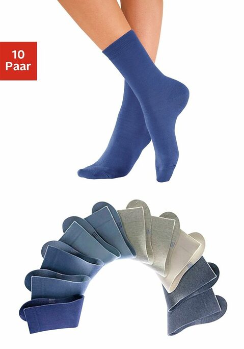 Bild: Freizeitsocken von H.I.S: Die Unisex-Socken im 10-er Pack überzeugen durch ihre frischen, modischen Farben. Die verstärkte Ferse und Spitze garantieren zudem Langlebigkeit. Obermaterial: 76% Baumwolle (Bio-Baumwolle), 23% Polyamid, 1% Elasthan