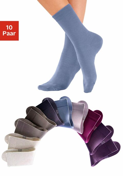 Bild: Freizeitsocken von H.I.S: Die Unisex-Socken im 10-er Pack überzeugen durch ihre frischen, modischen Farben. Die verstärkte Ferse und Spitze garantieren zudem Langlebigkeit. Obermaterial: 76% Baumwolle (Bio-Baumwolle), 23% Polyamid, 1% Elasthan