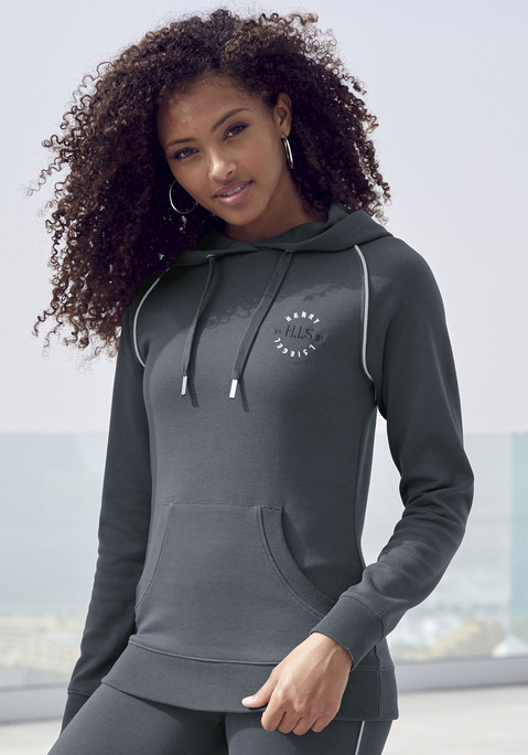 Bild: Hoodie von H.I.S: Kapuzensweatshirt von H.I.S. Kleine Labelstickerei auf der Brust. Kontrastfarbene Paspeln an den Raglanärmeln. Kängurutasche. Gerippte Bündchen. Kordelzug an der Kapuze. Weiche, elastische Interlockqualität.