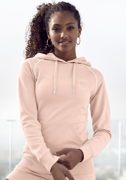 Bild: Hoodie von H.I.S: Kapuzensweatshirt von H.I.S. Kleine Labelstickerei auf der Brust. Kontrastfarbene Paspeln an den Raglanärmeln. Kängurutasche. Gerippte Bündchen. Kordelzug an der Kapuze. Weiche, elastische Interlockqualität.