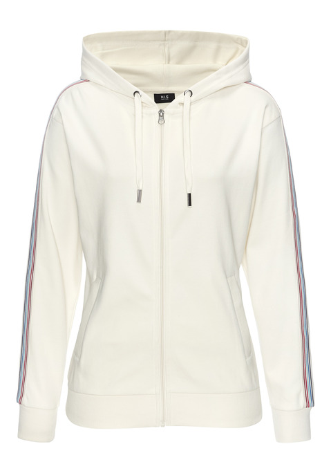 Bild: Kapuzensweatjacke von H.I.S: Sportliche Sweatjacke von H.I.S. Hervorgehoben: der seitliche Tapestreifen an den Ärmeln. Seitliche Leistentaschen und breite, weiche Rippbündchen. Aus elastischem Sweat-Material gefertigt.