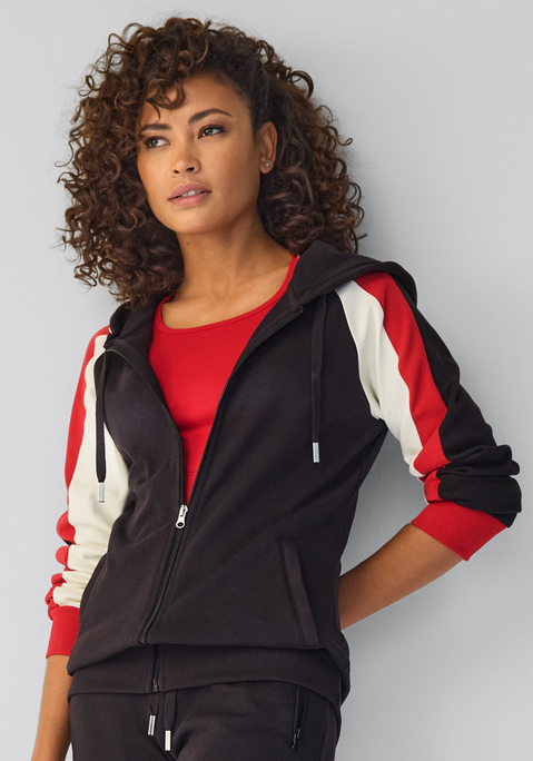 Bild: Kapuzensweatjacke von H.I.S: Sportliche Kapuzensweatjacke von H.I.S. Blickfang: das Colourblocking-Design an den Ärmeln. Mit bequemer Passform und seitlichen Reißverschlusstaschen. Ideal für den Sport oder als Homewear. Aus elastischer und weicher Baumwoll-Interlockware.