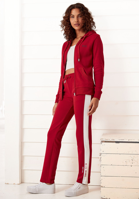 Bild: Kapuzensweatjacke von H.I.S: Schlichte Kapuzensweatjacke von H.I.S. Kleiner Labelprint auf der Brust, großer Druck auf der Rückseite. Geteilte Kängurutasche. Weiche, elastische Rippbündchen. Vielseitig zu kombinieren. Softe Interlockqualität mit Stretchanteil.