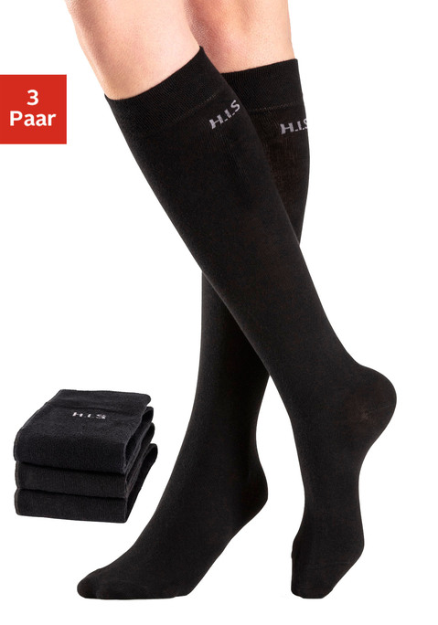 Bild: Kniestrümpfe von H.I.S: Tolle Basic-Kniestrümpfe für jede Gelegenheit. Hochwertige Qualität für Beruf oder Freizeit. Mit diesem Kniestrumpf wird jeder Tag zum Vergnügen. Das speziell konstruierte Bündchen ohne einschneidendes Gummi sorgt für erstklassigen Sitz ohne Einzuschneiden und vermeidet Druckstellen. Anschmiegsames, atmungsaktives und hautfreundliches Material, mit hohem Baumwoll-Anteil sorgt für ein angenehmes Fußklima. Mit verstärkten Belastungszonen für optimale Haltbarkeit. In strapazierfähiger Qualität - langlebig und pilling resistent. Sie erhalten 3 Paar. in verschiedenen Farb-Soritmenten oder nur in schwarz erhältlich. hervorragende Passform druch Einsatz von Elasthan. beständige Qualität auch nach mehreren Wäschen. gleichmäßiges Maschenbild.