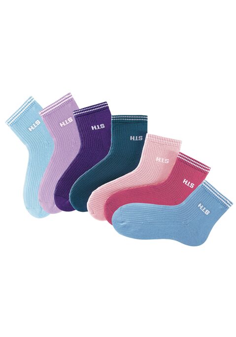 Bild: Kurzsocken von H.I.S: Sportliche Kurzsocken im Multipack von H.I.S. Hochwertige Rippenware mit geringeltem Bündchen. Die sportive Kurzform endet oberhalb des Knöchels und passt sich dank der hochwertigen Rippqualität optimale dem Fuß an. Ein hoher Baumwollanteil macht die Sportsocke saugfähig und pflegeleicht. Das softe Rippen-Frottee und die verstärkten Belastungszonen vermeiden Druckstellen und sorgen für angenehmen Tragekomfort. Mit eingestricktem Logo unter dem Bündchen. Erhältlich Schwarz uni, Weiß uni oder verschiedenen schönen Farbsortimenten. Aus 80% Baumwolle, 20% Polyamid.