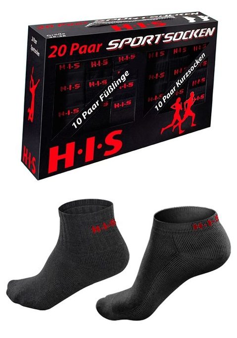 Bild: Kurzsocken von H.I.S: Mit dieser 20er Großpackungsbox sind Sie Ideal für den Sport und die Freizeit ausgerüstet. Immer die richtigen Sportsocken in genügender Menge zur Verfügung. Die klassischen Sportfarben schwarz, weiß und grau sind ideal zur jeweiligen Sportmode zu kombinieren. In dieser 20er Sport- Box erhalten Sie 10x Kurzsocken und 10x Sneakersocken zusammen, entweder alle in schwarz oder in der gemischten Farbpackung.<br>Hier erhalten Sie:<br>4x schwarze Sneakersocken, 3x grau Sneakersocken, 3x weiße Sneakersocken und 4x schwarze Kurzsocken, 3x graue Kurzsocken, 3x weiße Kurzsocken.<br>Unsere Sport- und Freizeitsocken mit dem Plus an Tragekomfort: Weiches Frottee und Verstärkung der Belastungszonen vermeiden Druckstellen, die feuchtigkeitsregulierende Materialkomposition schafft ein fußgesundes Klima. Die sportliche Rippenstruktur garantiert guten Sitz und sorgt für eine optimale Passform. Pflegeleichte Qualität und Farbbrillanz inklusive. Ideal für aktive Freizeitfans. Die attraktive Sport- Box ist dazu eine schöne Geschenkidee für alle Sport und Freizeitfans.<br><b>Details:</b><br><li>Sport- und Freizeitsocken</li><li>In der praktischen 20er- Großpackung</li><li>In einer Packung Kurzsocken und Sneakersocken</li><li>Für sie + ihn</li><li>Dauerhafte Farbbrillanz</li><li>Pflegeleichte Qualität</li><li>Schweißaufsaugend danke weichem Fußfrottee</li><li>mit eingesticktem H.I.S-Logo</li><li>Drei-Faser-Qualität</li><br><br>