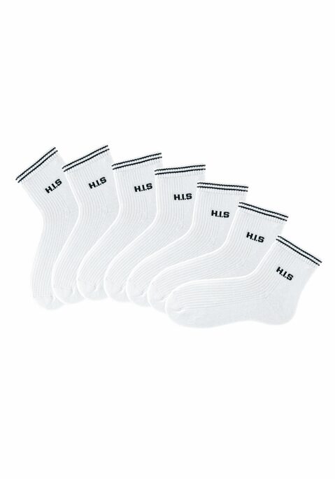 Bild: Kurzsocken von H.I.S: Sportliche Kurzsocken im Multipack von H.I.S. Hochwertige Rippenware mit geringeltem Bündchen. Die sportive Kurzform endet oberhalb des Knöchels und passt sich dank der hochwertigen Rippqualität optimale dem Fuß an. Ein hoher Baumwollanteil macht die Sportsocke saugfähig und pflegeleicht. Das softe Rippen-Frottee und die verstärkten Belastungszonen vermeiden Druckstellen und sorgen für angenehmen Tragekomfort. Mit eingestricktem Logo unter dem Bündchen. Erhältlich Schwarz uni, Weiß uni oder verschiedenen schönen Farbsortimenten. Aus 80% Baumwolle, 20% Polyamid.