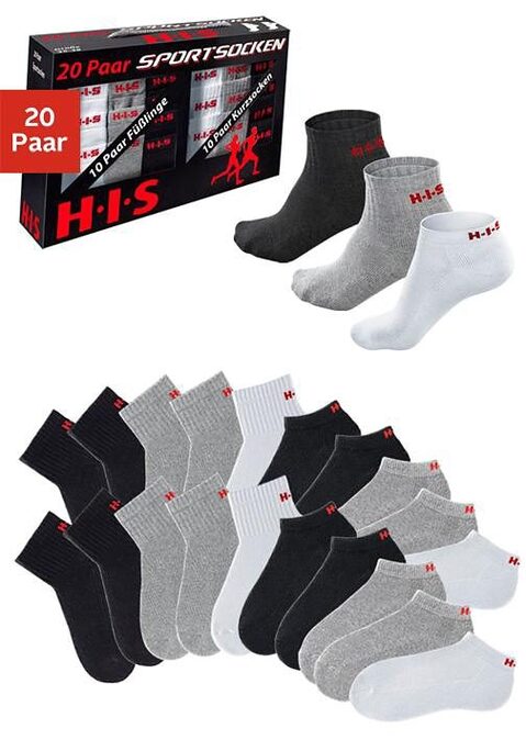 Bild: Kurzsocken von H.I.S: Mit dieser 20er Großpackungsbox sind Sie Ideal für den Sport und die Freizeit ausgerüstet. Immer die richtigen Sportsocken in genügender Menge zur Verfügung. Die klassischen Sportfarben schwarz, weiß und grau sind ideal zur jeweiligen Sportmode zu kombinieren. In dieser 20er Sport- Box erhalten Sie 10x Kurzsocken und 10x Sneakersocken zusammen, entweder alle in schwarz oder in der gemischten Farbpackung.<br>Hier erhalten Sie:<br>4x schwarze Sneakersocken, 3x grau Sneakersocken, 3x weiße Sneakersocken und 4x schwarze Kurzsocken, 3x graue Kurzsocken, 3x weiße Kurzsocken.<br>Unsere Sport- und Freizeitsocken mit dem Plus an Tragekomfort: Weiches Frottee und Verstärkung der Belastungszonen vermeiden Druckstellen, die feuchtigkeitsregulierende Materialkomposition schafft ein fußgesundes Klima. Die sportliche Rippenstruktur garantiert guten Sitz und sorgt für eine optimale Passform. Pflegeleichte Qualität und Farbbrillanz inklusive. Ideal für aktive Freizeitfans. Die attraktive Sport- Box ist dazu eine schöne Geschenkidee für alle Sport und Freizeitfans.<br><b>Details:</b><br><li>Sport- und Freizeitsocken</li><li>In der praktischen 20er- Großpackung</li><li>In einer Packung Kurzsocken und Sneakersocken</li><li>Für sie + ihn</li><li>Dauerhafte Farbbrillanz</li><li>Pflegeleichte Qualität</li><li>Schweißaufsaugend danke weichem Fußfrottee</li><li>mit eingesticktem H.I.S-Logo</li><li>Drei-Faser-Qualität</li><br><br>