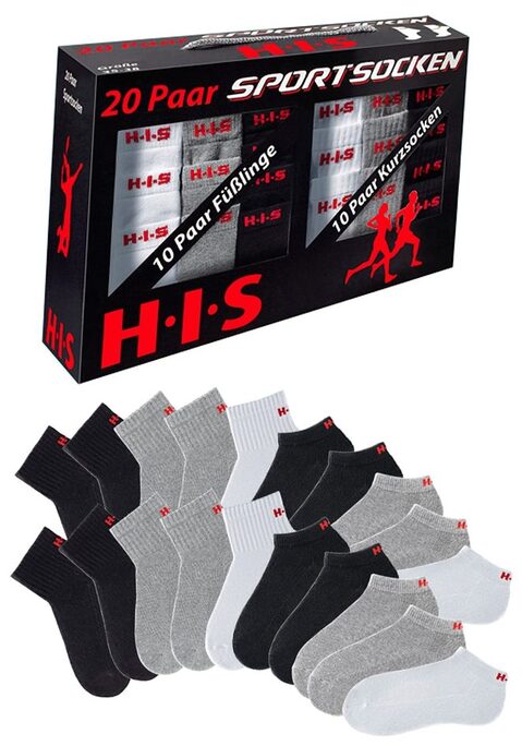 Bild: Kurzsocken von H.I.S: Mit dieser 20er Großpackungsbox sind Sie Ideal für den Sport und die Freizeit ausgerüstet. Immer die richtigen Sportsocken in genügender Menge zur Verfügung. Die klassischen Sportfarben schwarz, weiß und grau sind ideal zur jeweiligen Sportmode zu kombinieren. In dieser 20er Sport- Box erhalten Sie 10x Kurzsocken und 10x Sneakersocken zusammen, entweder alle in schwarz oder in der gemischten Farbpackung.<br>Hier erhalten Sie:<br>4x schwarze Sneakersocken, 3x grau Sneakersocken, 3x weiße Sneakersocken und 4x schwarze Kurzsocken, 3x graue Kurzsocken, 3x weiße Kurzsocken.<br>Unsere Sport- und Freizeitsocken mit dem Plus an Tragekomfort: Weiches Frottee und Verstärkung der Belastungszonen vermeiden Druckstellen, die feuchtigkeitsregulierende Materialkomposition schafft ein fußgesundes Klima. Die sportliche Rippenstruktur garantiert guten Sitz und sorgt für eine optimale Passform. Pflegeleichte Qualität und Farbbrillanz inklusive. Ideal für aktive Freizeitfans. Die attraktive Sport- Box ist dazu eine schöne Geschenkidee für alle Sport und Freizeitfans.<br><b>Details:</b><br><li>Sport- und Freizeitsocken</li><li>In der praktischen 20er- Großpackung</li><li>In einer Packung Kurzsocken und Sneakersocken</li><li>Für sie + ihn</li><li>Dauerhafte Farbbrillanz</li><li>Pflegeleichte Qualität</li><li>Schweißaufsaugend danke weichem Fußfrottee</li><li>mit eingesticktem H.I.S-Logo</li><li>Drei-Faser-Qualität</li><br><br>