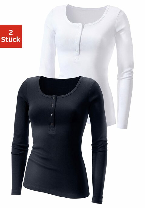 Bild: Langarmshirt von H.I.S: Tolle Form in Feinripp. Mit schönem Rundhalsausschnitt mit Knopfleiste vorn. Leicht taillierter Style. Länge ca. 66 cm. Weiche Qualität aus 100% Baumwolle.Auch als Doppelripp erhältlich, siehe unter Serie