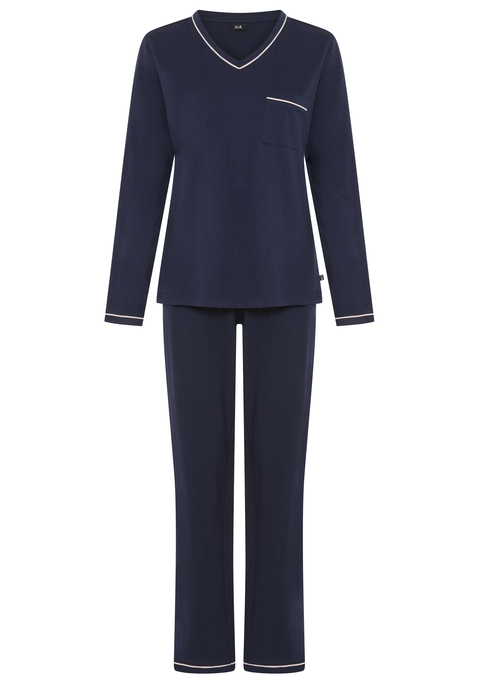 Bild: Pyjama von H.I.S: Pyjama von H.I.S mit Paspelierung in Kontrastfarbe. Mit Brusttasche. V-Ausschnitt. Lange Hose mit Eingrifftaschen und Kontrastpaspel am Saum. Single-Jersey aus softer Baumwollmischung.