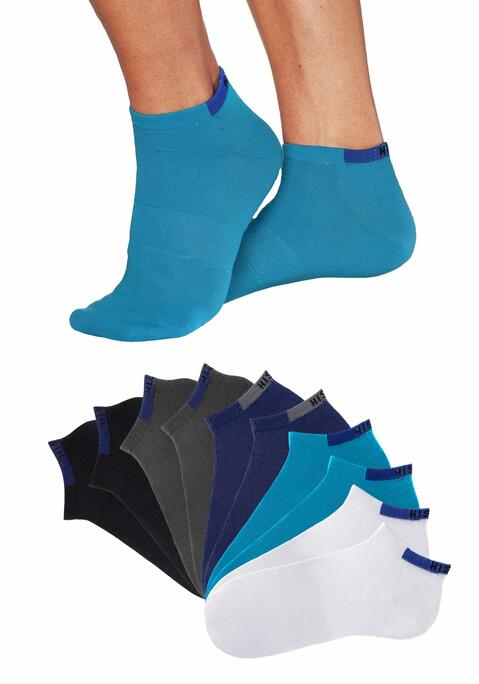 Bild: Sneakersocken von H.I.S: Vielseitige Unisex-Sneakersocken im Multipack für jede Gelegenheit. Einfach nach Lust und Laune kombinieren. Die Sneakersocken sind sehr gut geeignet für weit ausgeschnittene Sportschuhe. Die unterschiedlichen Farbsortimente machen die Kurzsocken ideal für den täglichen Gebrauch. Ein hoher Baumwollanteil garantiert einen guten Tragekomfort. Eine optimale Passform wird durch gute Elastizität und das Mittelfußgummi gesichert. Die verstärkte Ferse und Spitze garantieren auch nach vielen Wäschen eine optimale HaltbarkeitAus 75% Baumwolle, 22% Polyamid, 3% Elasthan.