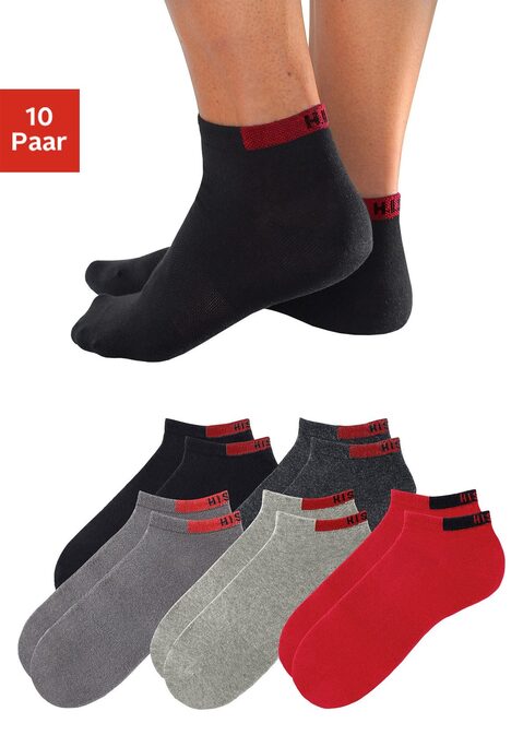 Bild: Sneakersocken von H.I.S: Vielseitige Unisex-Sneakersocken im Multipack für jede Gelegenheit. Einfach nach Lust und Laune kombinieren. Die Sneakersocken sind sehr gut geeignet für weit ausgeschnittene Sportschuhe. Die unterschiedlichen Farbsortimente machen die Kurzsocken ideal für den täglichen Gebrauch. Ein hoher Baumwollanteil garantiert einen guten Tragekomfort. Eine optimale Passform wird durch gute Elastizität und das Mittelfußgummi gesichert. Die verstärkte Ferse und Spitze garantieren auch nach vielen Wäschen eine optimale HaltbarkeitAus 75% Baumwolle, 22% Polyamid, 3% Elasthan.